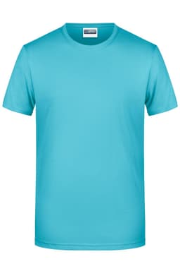 A turquoise basic T-shirt with a round neckline and short sleeves. It has a logo tag on the neckline.