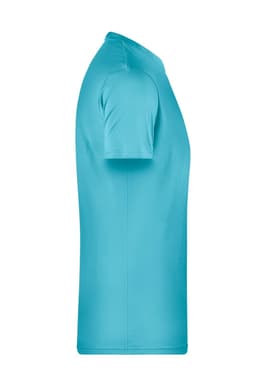 A turquoise men's T-shirt in a classic style with short sleeves, featuring a logo on the side.