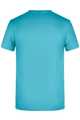 A teal men's basic T-shirt with a round neck and short sleeves, featuring a logo on the back.