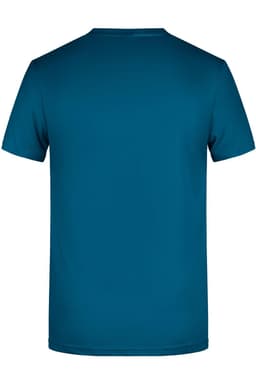 A teal basic t-shirt with a crew neck and short sleeves, featuring a logo on the back.
