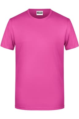 A pink basic men's T-shirt with a crew neck and short sleeves, featuring a logo.