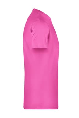 A side view of a vibrant pink basic T-shirt with short sleeves. The shirt features a logo on the side.