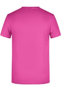 A bright pink T-shirt featuring a classic crew neck design, with a logo on the back.