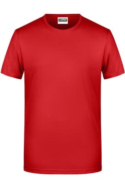 A red men's basic T-shirt with a round neck and short sleeves. The shirt features a logo on the label.