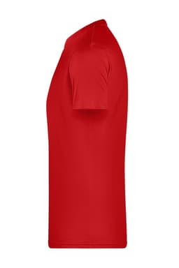 A red men's basic T-shirt with short sleeves and a logo present. The shirt is displayed from the side.