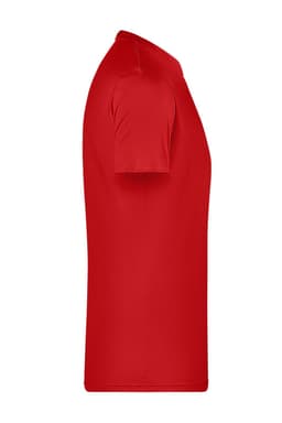 A red short-sleeve T-shirt displayed from the side. The shirt features a simple design and has a logo on it.