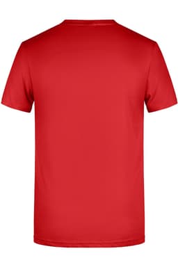 A red basic t-shirt with a plain back and a small logo at the neck area. Suitable for casual wear.
