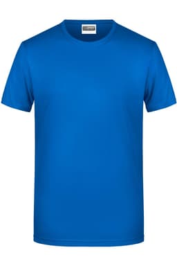A blue basic T-shirt stands upright, featuring a simple design and a label inside the collar. It has a logo on the label.