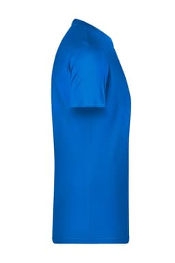 A side view of a vibrant blue basic t-shirt, featuring short sleeves and a simple design. It has a logo on it.