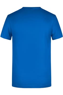 A blue men's basic T-shirt with a simple design and a logo on the back.