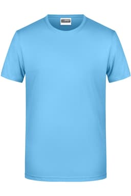 A light blue men's T-shirt with a round neckline and short sleeves, featuring a logo.