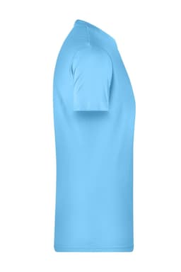 A light blue men's basic T-shirt with a crew neck and short sleeves, featuring a logo on the side.