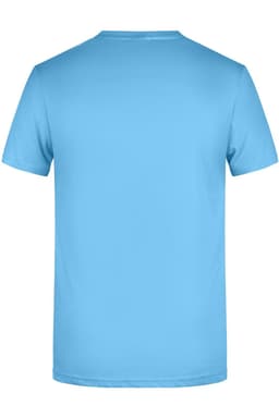 A blue men's basic T-shirt featuring a simple design and a logo on the back.