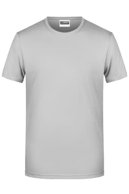A light grey basic T-shirt with short sleeves and a round neckline, featuring a logo on the label.