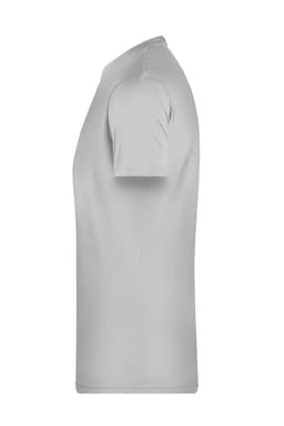 A light grey short-sleeved T-shirt displayed from the side, featuring a minimalist design and a logo.