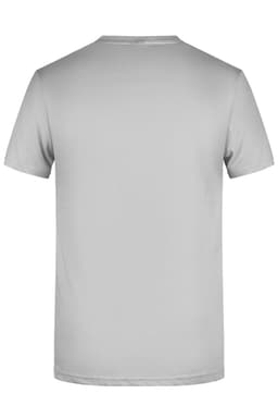 A plain grey men's T-shirt with a crew neck and short sleeves, featuring a branding logo on the back.