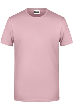 A pink short-sleeve t-shirt featuring a plain design and a logo on the label.