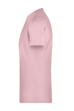 A pink men's basic T-shirt, featuring short sleeves and a simple design. Includes a logo on the fabric.