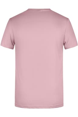 A plain pink T-shirt featuring a round neckline and short sleeves, with a logo on the back.