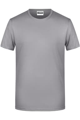 A grey men's basic T-shirt with a crew neck and short sleeves. The shirt features a brand logo.