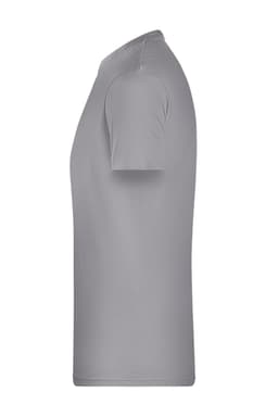 A grey men's basic T-shirt with short sleeves and a simple design, featuring a logo on the side.