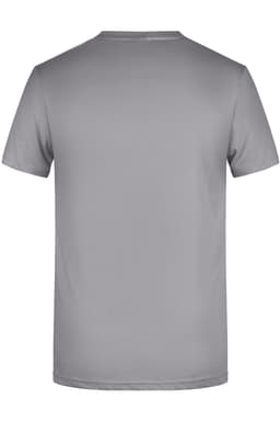 A grey men's basic T-shirt, featuring a simple design and short sleeves, with a logo present.