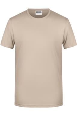 A beige men's T-shirt with a round neckline and short sleeves, featuring a logo on the label.