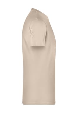 A beige men's basic T-shirt displayed from the side, featuring short sleeves and a simple design.