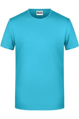 A turquoise men's basic t-shirt with a round neck and short sleeves. The shirt has a logo on the label.