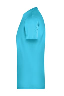 A light blue basic T-shirt for men, featuring short sleeves and a round neckline. It has a logo on the side.
