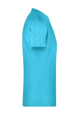 A side view of a men's T-shirt in bright teal, featuring short sleeves and a simple design with a logo.