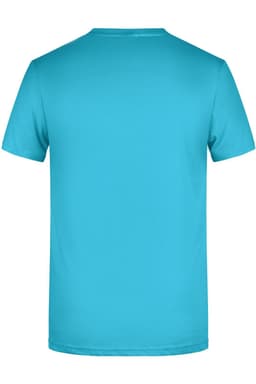 A plain turquoise T-shirt with short sleeves and a round neckline, featuring a logo on the back.