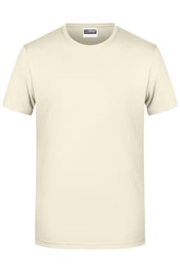 A plain cream-coloured short-sleeve T-shirt with a crew neck, featuring a branding logo.