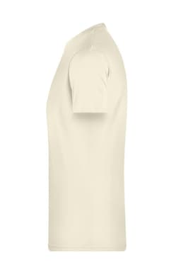 A light beige men's basic T-shirt with short sleeves and a simple design, featuring a logo.
