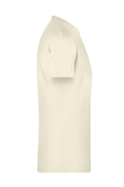 A plain short-sleeved T-shirt in off-white with a simple design and a logo on the side.