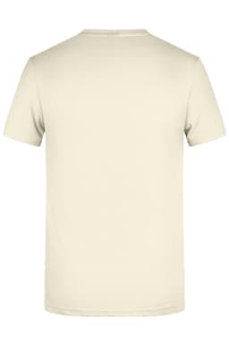 A plain short-sleeve t-shirt in a neutral beige colour, featuring a logo on the back.
