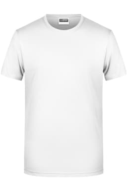 A plain white T-shirt with short sleeves and a crew neck. It features a logo on the label.