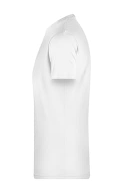 A plain white T-shirt displayed from the side, featuring a simple design and short sleeves. It has a logo on it.