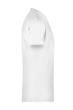 A white T-shirt featuring short sleeves and a fitted design, with a logo on the front.