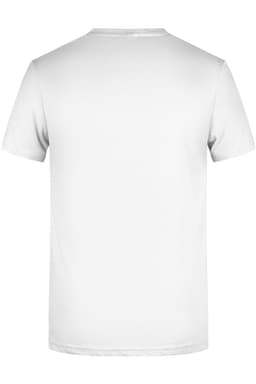 A plain white T-shirt featuring a round neckline and short sleeves, with a logo on the back.