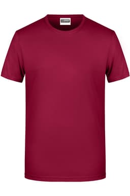 A maroon basic t-shirt with a classic crew neckline and short sleeves. The shirt features a logo on the label.