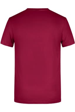 A red t-shirt viewed from the back, featuring a simple design and a small logo.