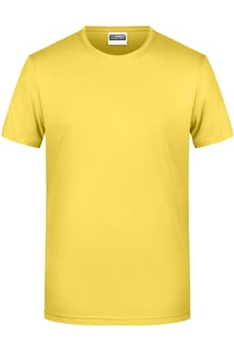 A plain yellow t-shirt with a round neckline and short sleeves, featuring a logo on the label.