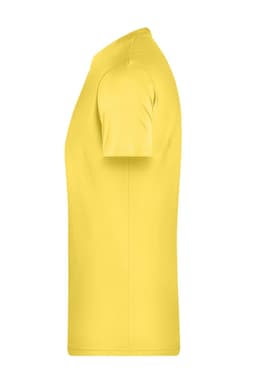 A yellow short-sleeve T-shirt with a fitted design, featuring a logo on the side.