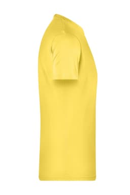 A yellow men's basic T-shirt with short sleeves and a fitted side profile. It features a logo.