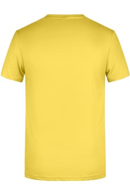 A yellow men's basic T-shirt with a plain back and a logo at the neck.