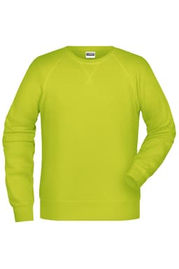 A bright lime green men's sweatshirt with long sleeves and a crew neck. It features a logo on the label.