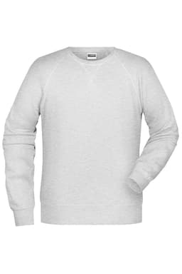 A grey men's sweater with raglan sleeves and a crew neck design. The garment features a logo on the label.