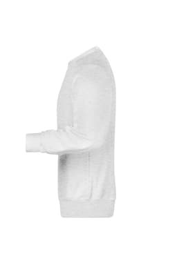 A white sweatshirt with long sleeves and a crew neckline, featuring a subtle logo on the side.