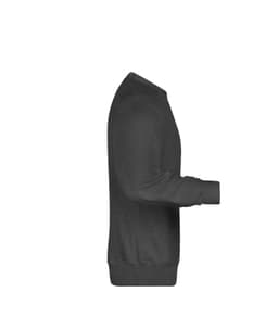 A dark grey men's sweater displayed from the side, featuring long sleeves and a rounded neckline.